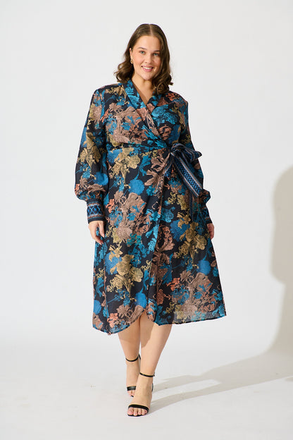 Garden Whispers Midi Dress in Black Multi Floral Linen Blend