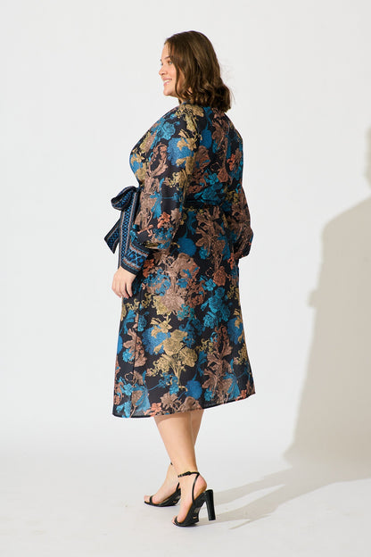 Garden Whispers Midi Dress in Black Multi Floral Linen Blend