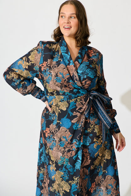 Garden Whispers Midi Dress in Black Multi Floral Linen Blend