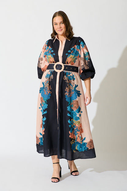 Botanical Bliss Maxi Shirt Dress in Black Multi Floral Linen Blend