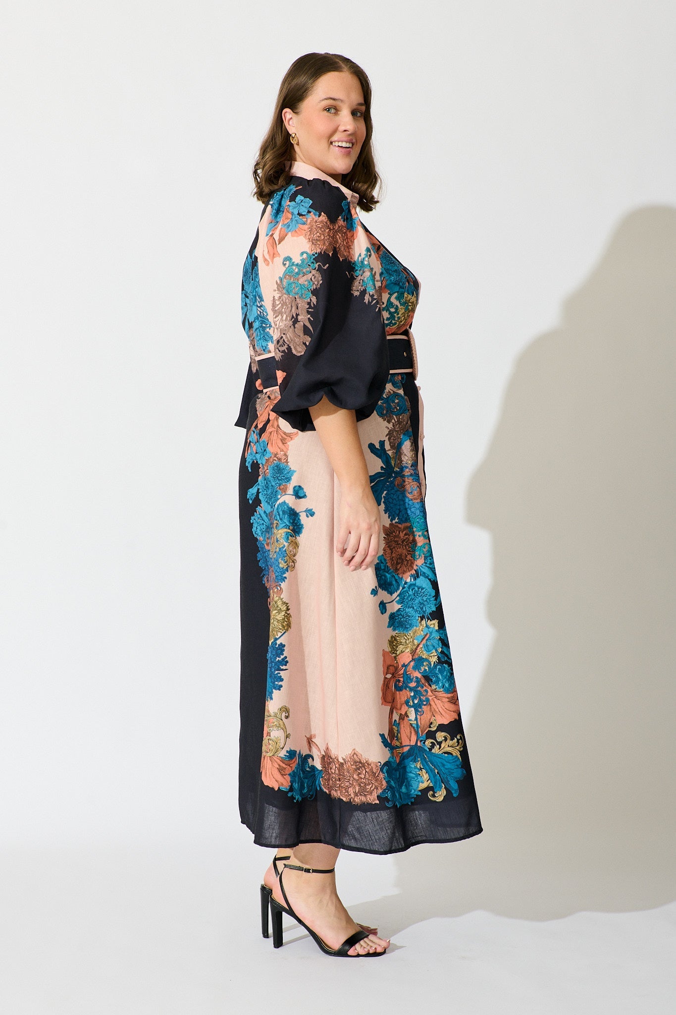 Botanical Bliss Maxi Shirt Dress in Black Multi Floral Linen Blend