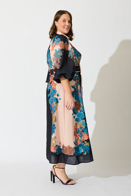 Botanical Bliss Maxi Shirt Dress in Black Multi Floral Linen Blend