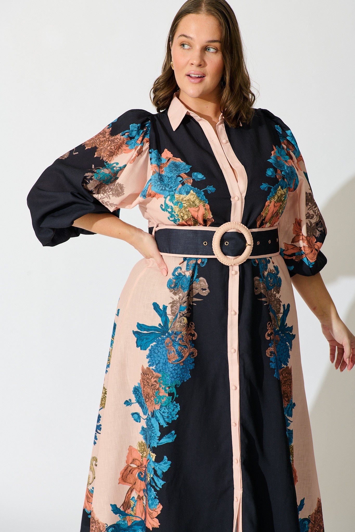 Botanical Bliss Maxi Shirt Dress in Black Multi Floral Linen Blend