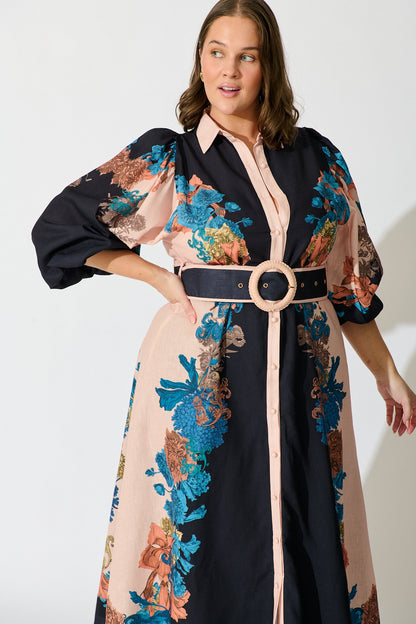 Botanical Bliss Maxi Shirt Dress in Black Multi Floral Linen Blend