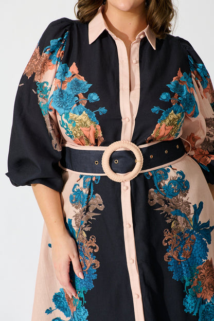Botanical Bliss Maxi Shirt Dress in Black Multi Floral Linen Blend