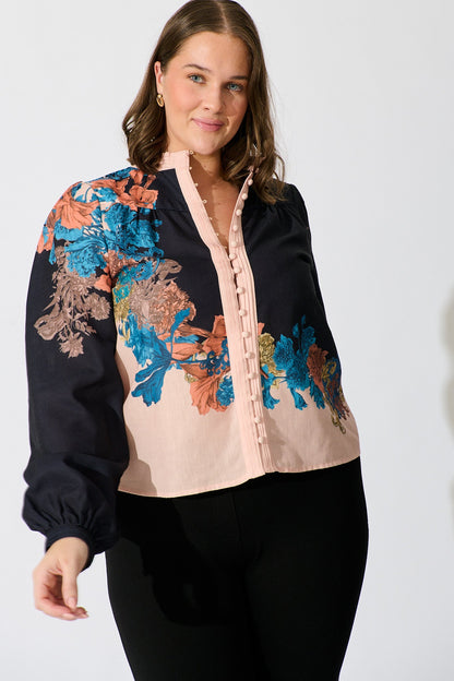 Secret Bloom Blouse Top in Black Multi Floral Linen Blend