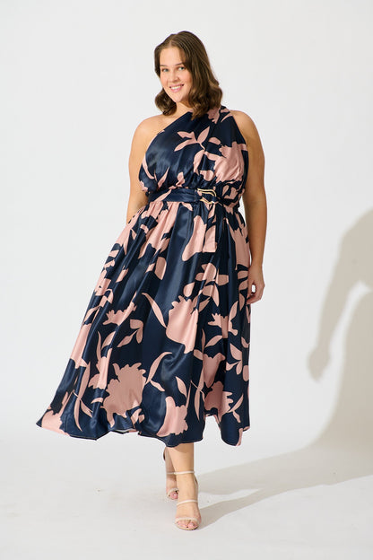 PRE ORDER Bernadette One Shoulder Midi Dress in Navy with Mocha Satin