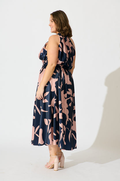 PRE ORDER Bernadette One Shoulder Midi Dress in Navy with Mocha Satin