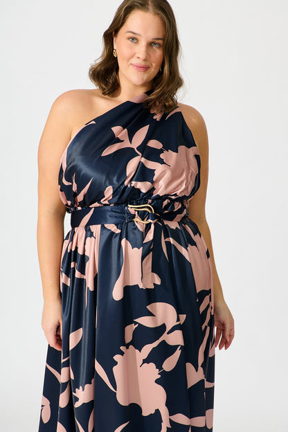 PRE ORDER Bernadette One Shoulder Midi Dress in Navy with Mocha Satin