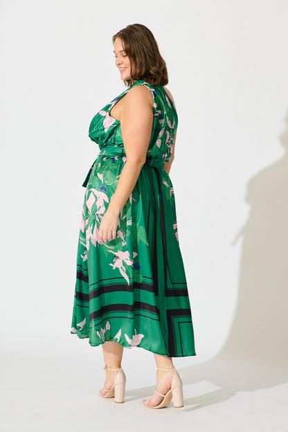 Bernadette One Shoulder Midi Dress In Emerald Print Satin