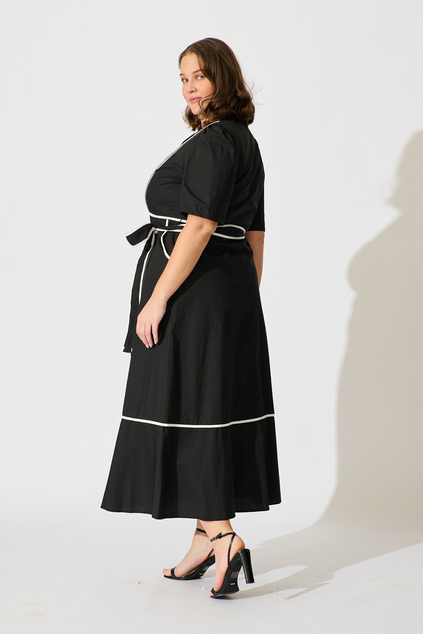 Rhea Maxi Shirt Dress in Black with Contrast Piping Cotton