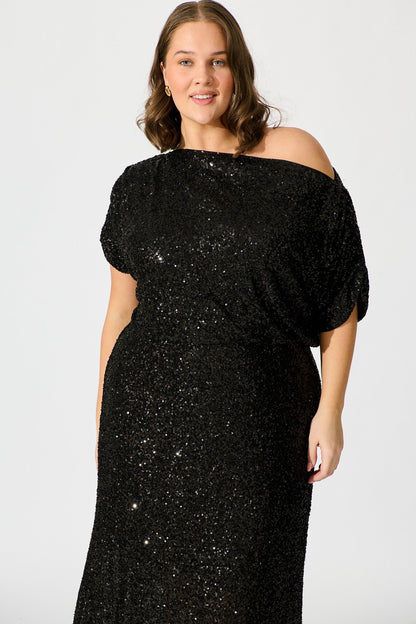 Amiri Off Shoulder Maxi Dress in Black Sequin