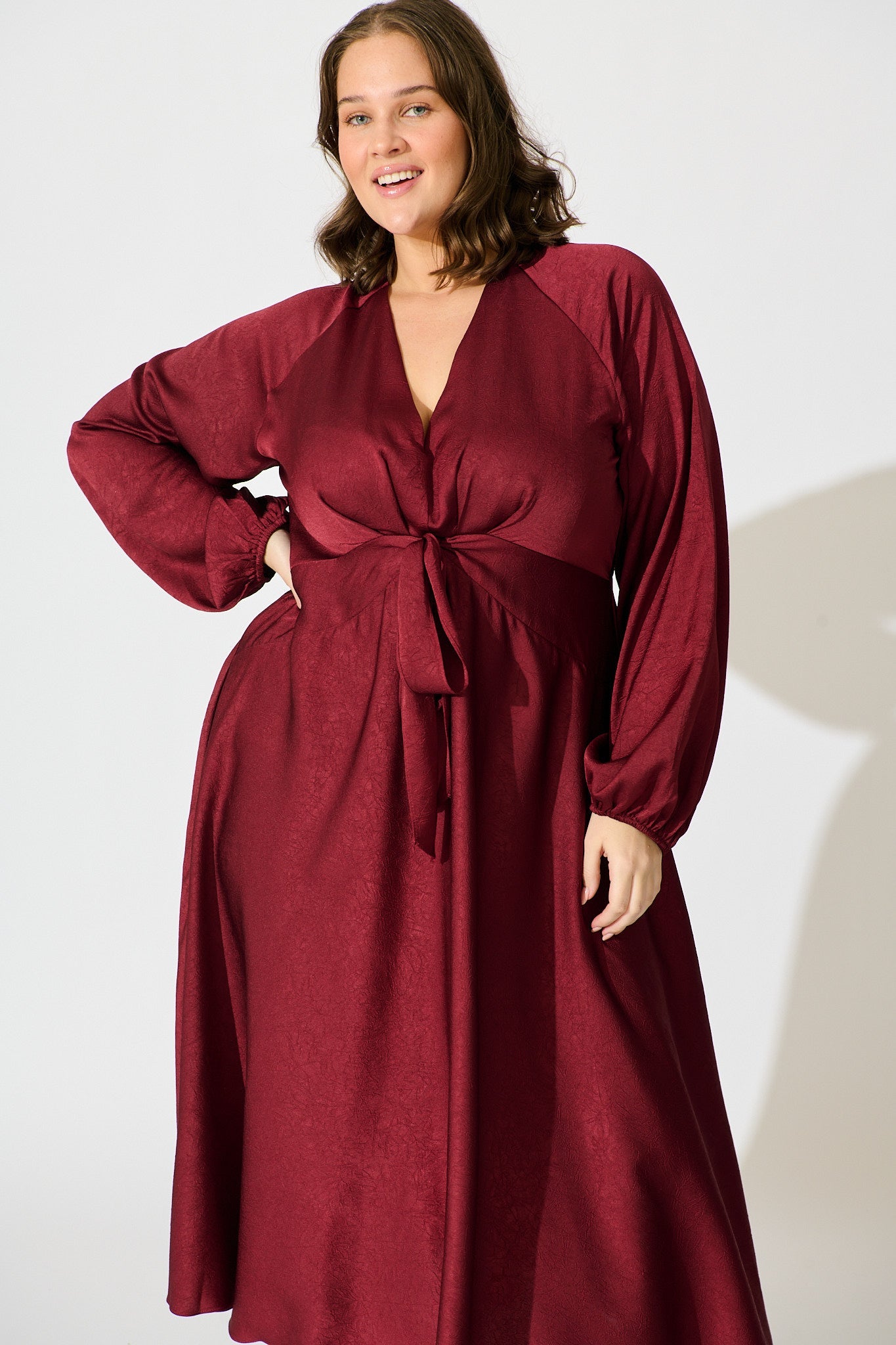 Veiled Illusion Maxi Dress in Wine Satin