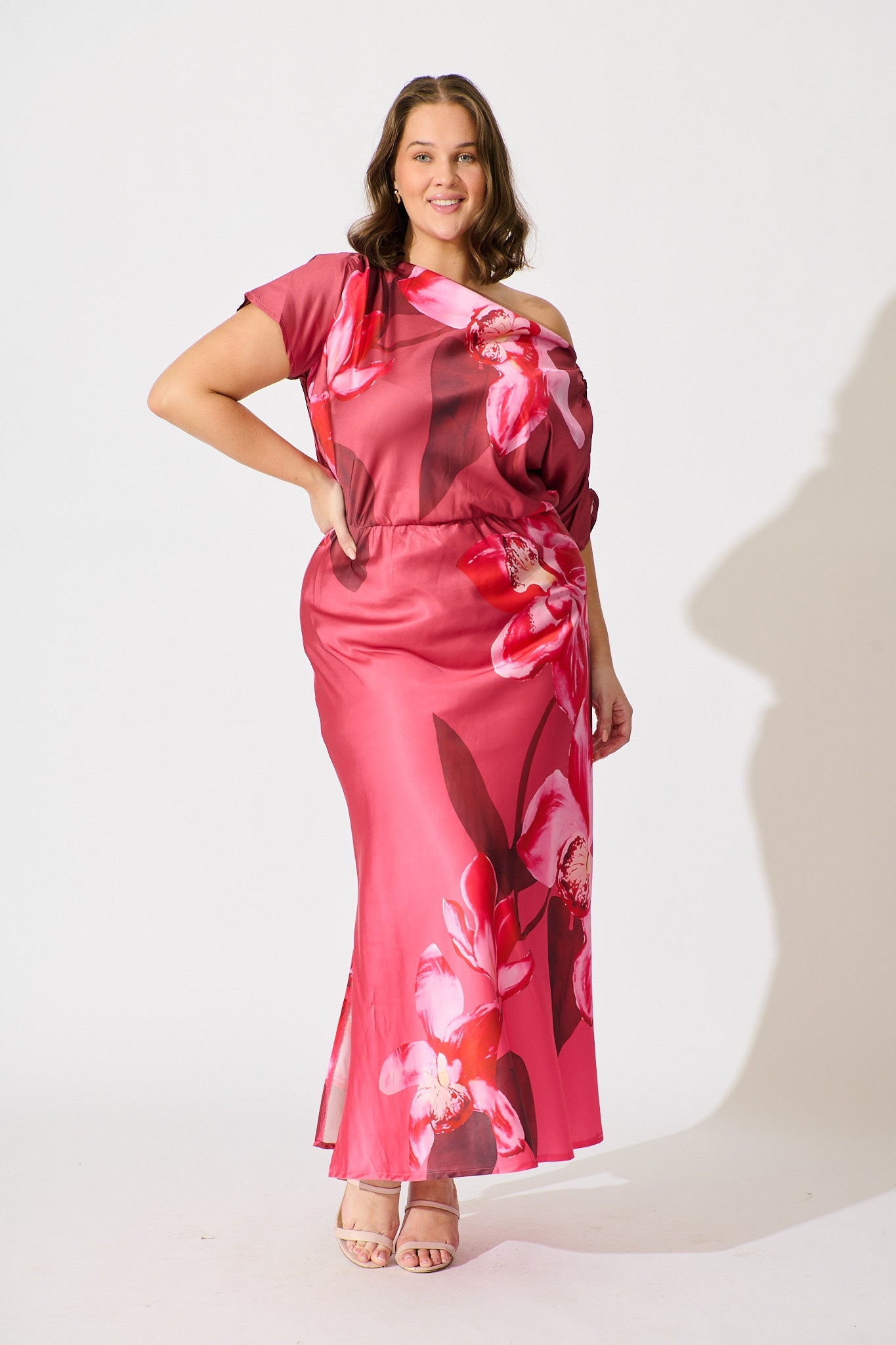 Sarita Maxi Off Shoulder Dress in Multi Pink Floral Satin