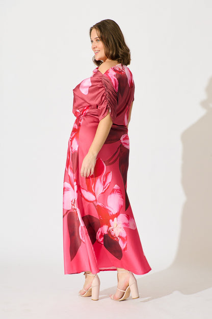 Sarita Maxi Off Shoulder Dress in Multi Pink Floral Satin
