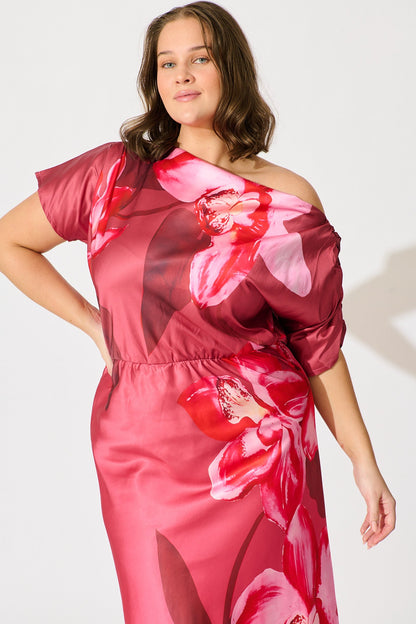 Sarita Maxi Off Shoulder Dress in Multi Pink Floral Satin