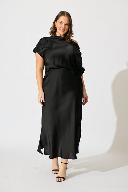 Sarita Maxi Off Shoulder Dress in Black Satin