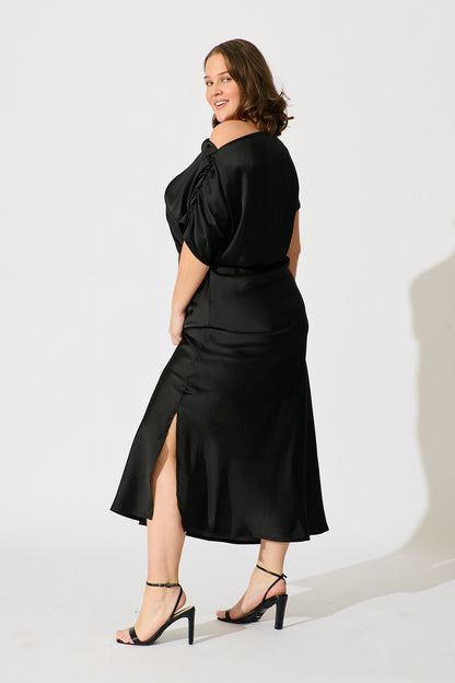 Sarita Maxi Off Shoulder Dress in Black Satin