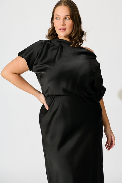 Sarita Maxi Off Shoulder Dress in Black Satin