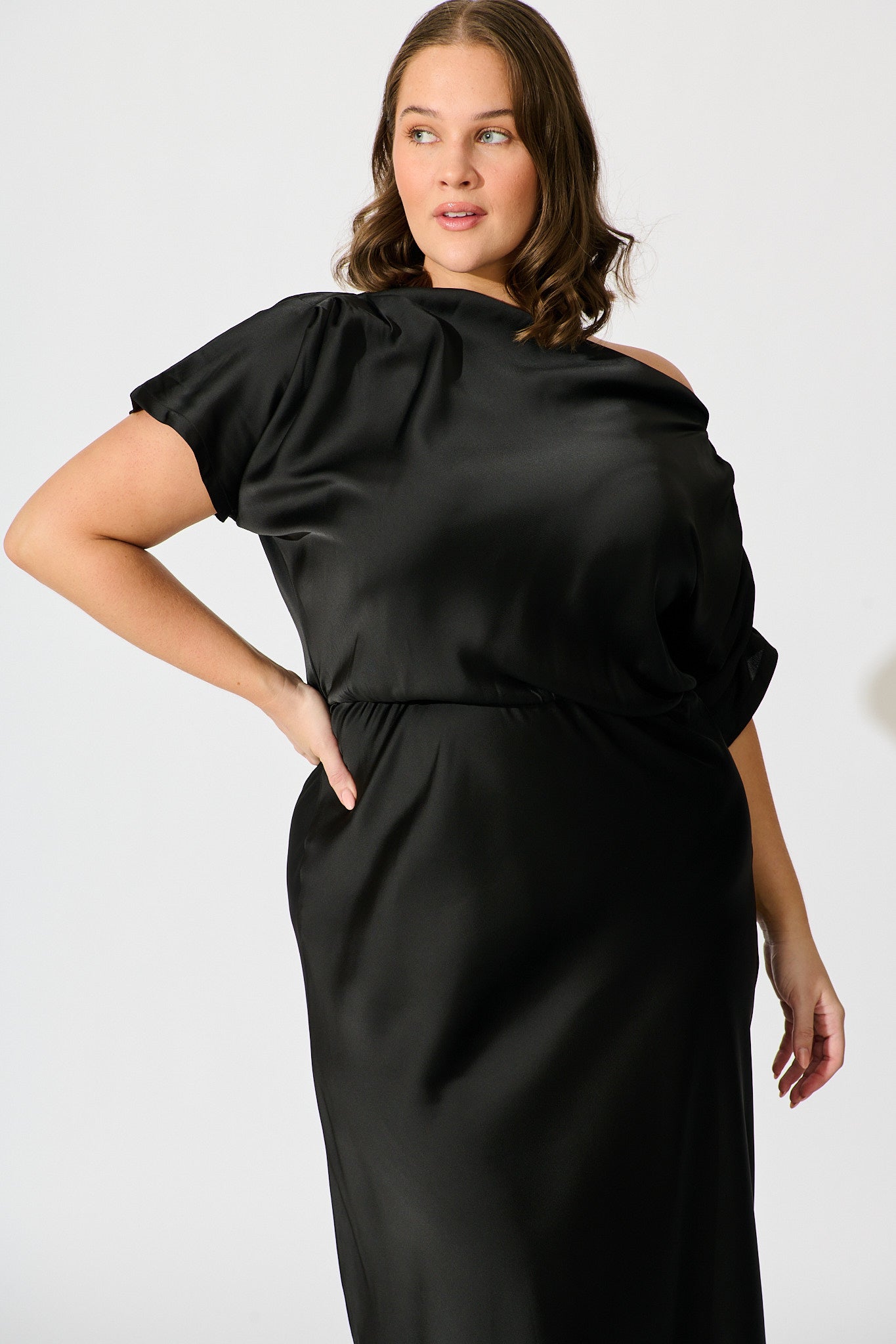 Sarita Maxi Off Shoulder Dress in Black Satin