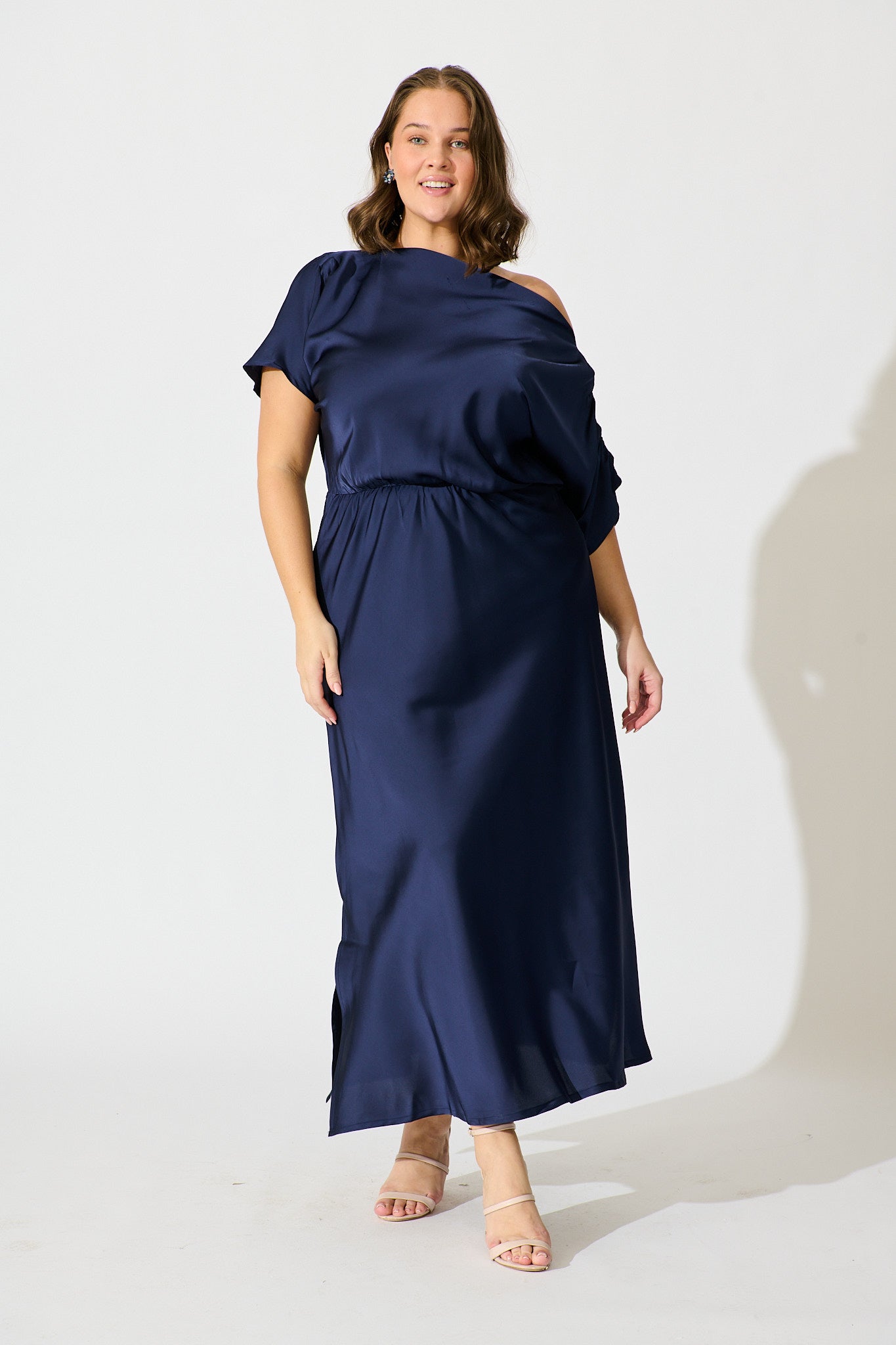 Sarita Maxi Off Shoulder Dress in Navy Satin