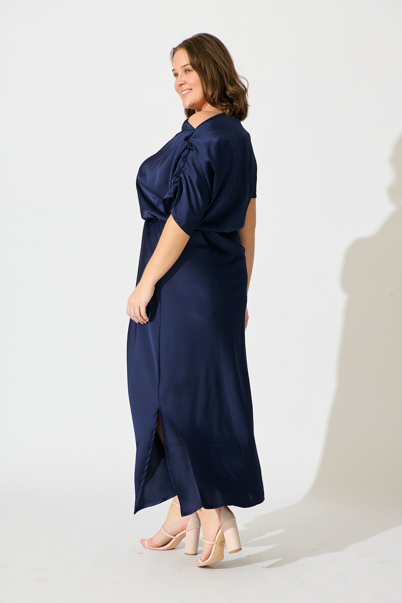 Sarita Maxi Off Shoulder Dress in Navy Satin
