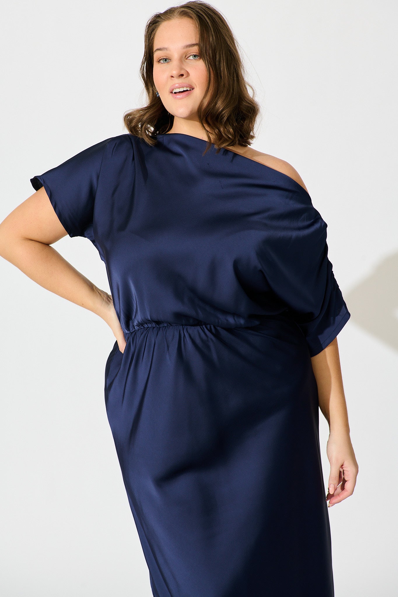 Sarita Maxi Off Shoulder Dress in Navy Satin