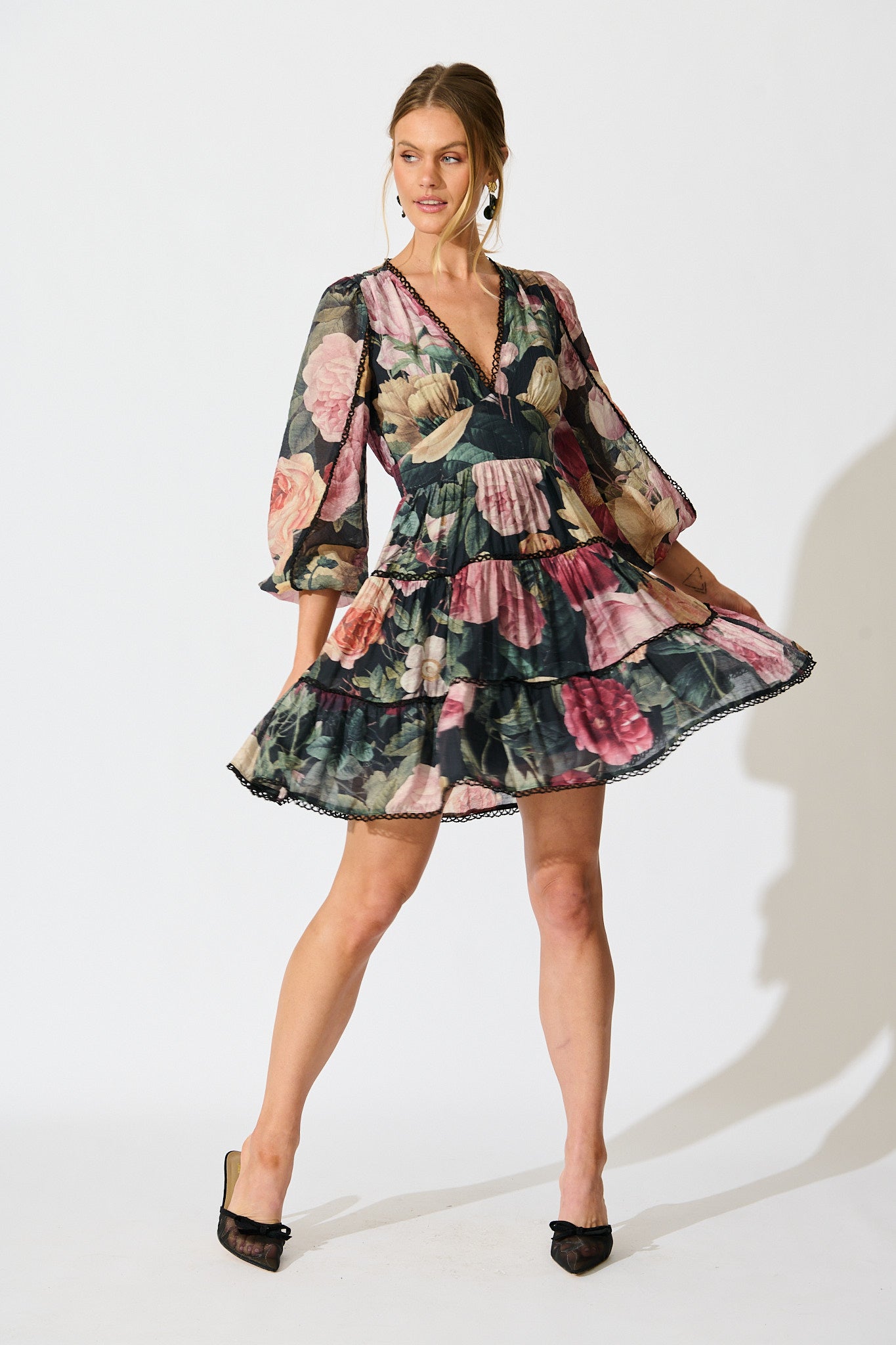 Riverstone Dress in Dark Multi Floral with Black Lace Trim