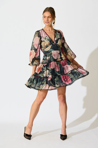 Riverstone Dress in Dark Multi Floral with Black Lace Trim