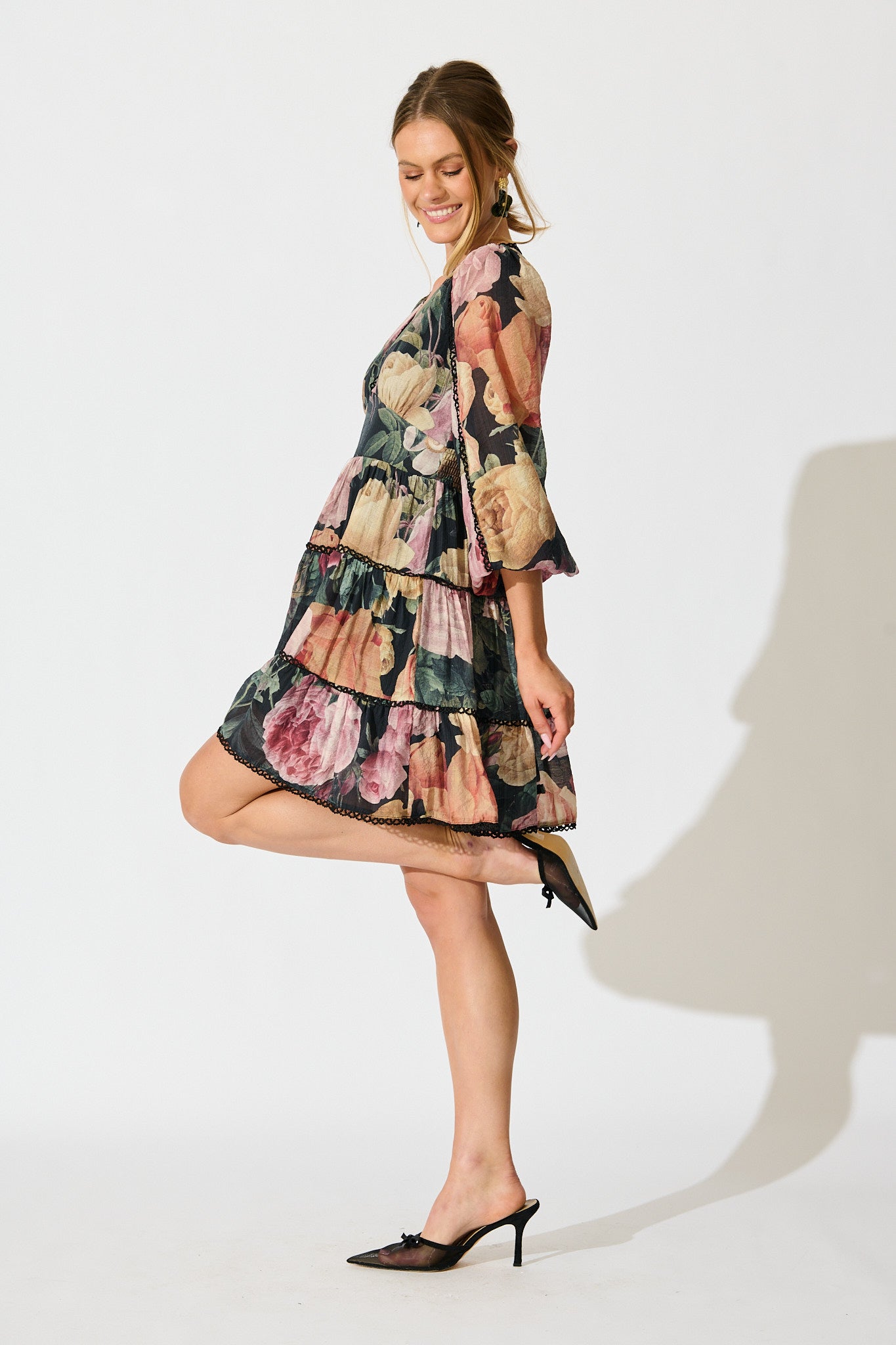 Riverstone Dress in Dark Multi Floral with Black Lace Trim