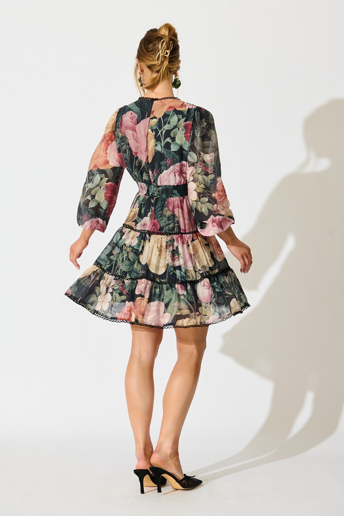 Riverstone Dress in Dark Multi Floral with Black Lace Trim