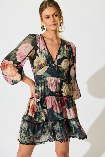 Riverstone Dress in Dark Multi Floral with Black Lace Trim