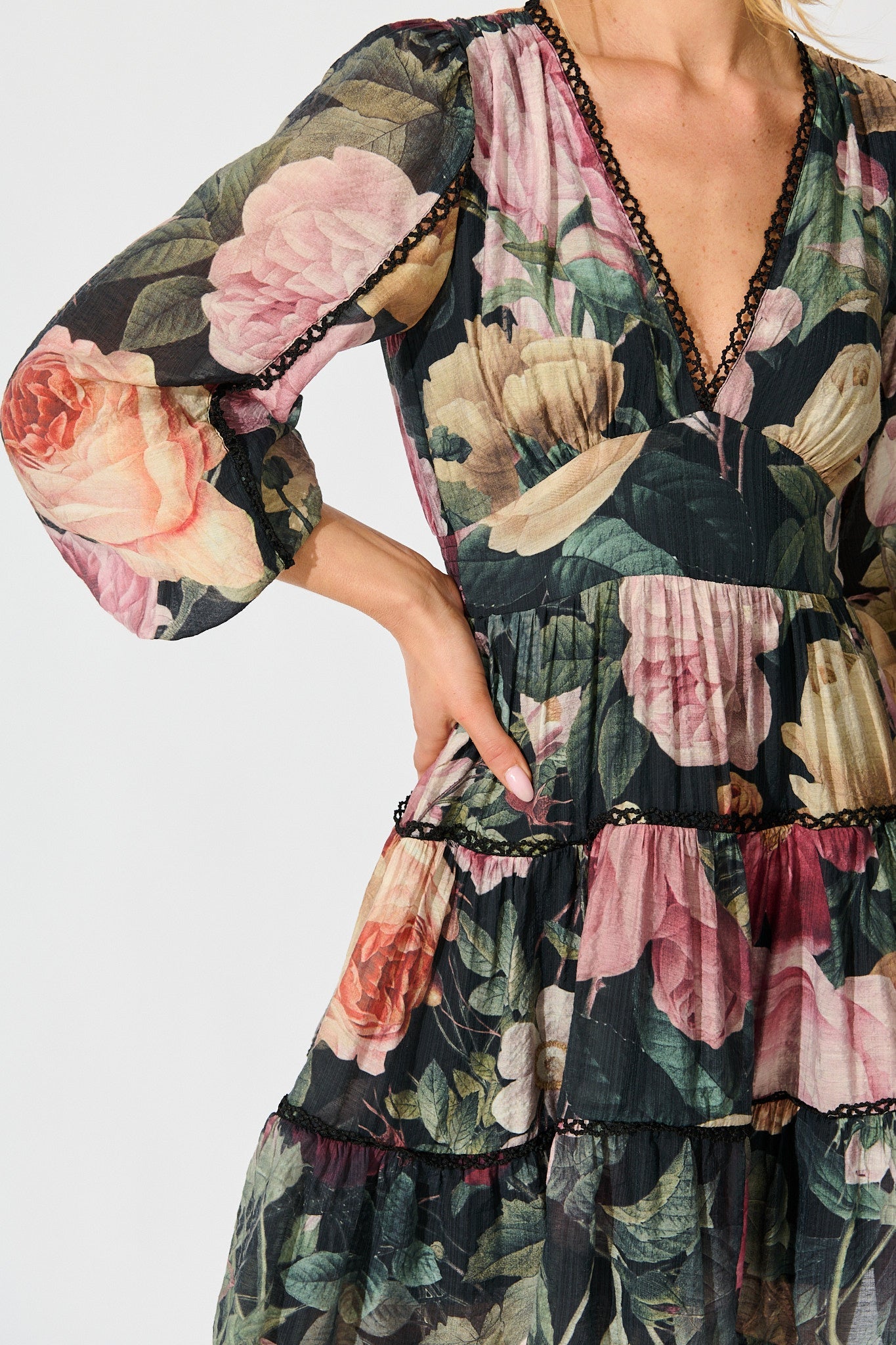 Riverstone Dress in Dark Multi Floral with Black Lace Trim