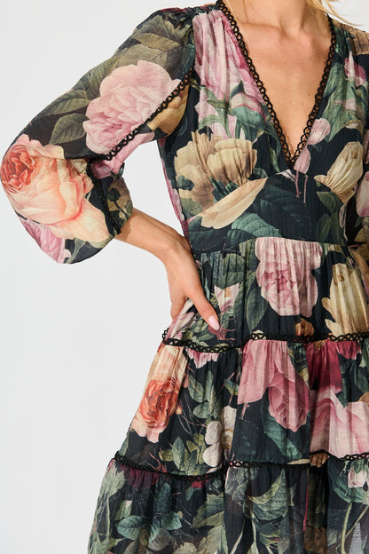 Riverstone Dress in Dark Multi Floral with Black Lace Trim