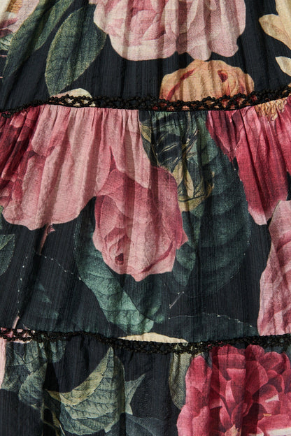 Riverstone Dress in Dark Multi Floral with Black Lace Trim
