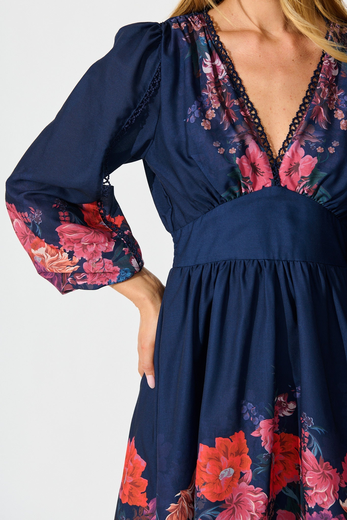 Horizon Bloom Dress in Navy Floral Cotton Blend