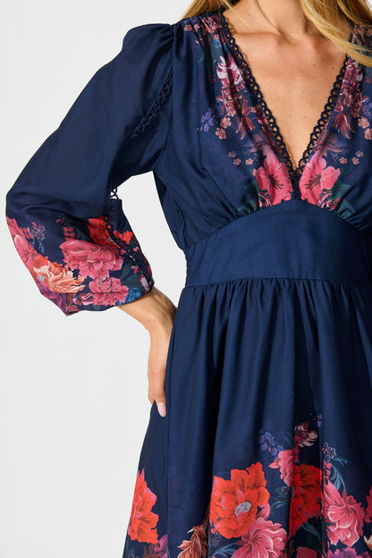 Horizon Bloom Dress in Navy Floral Cotton Blend