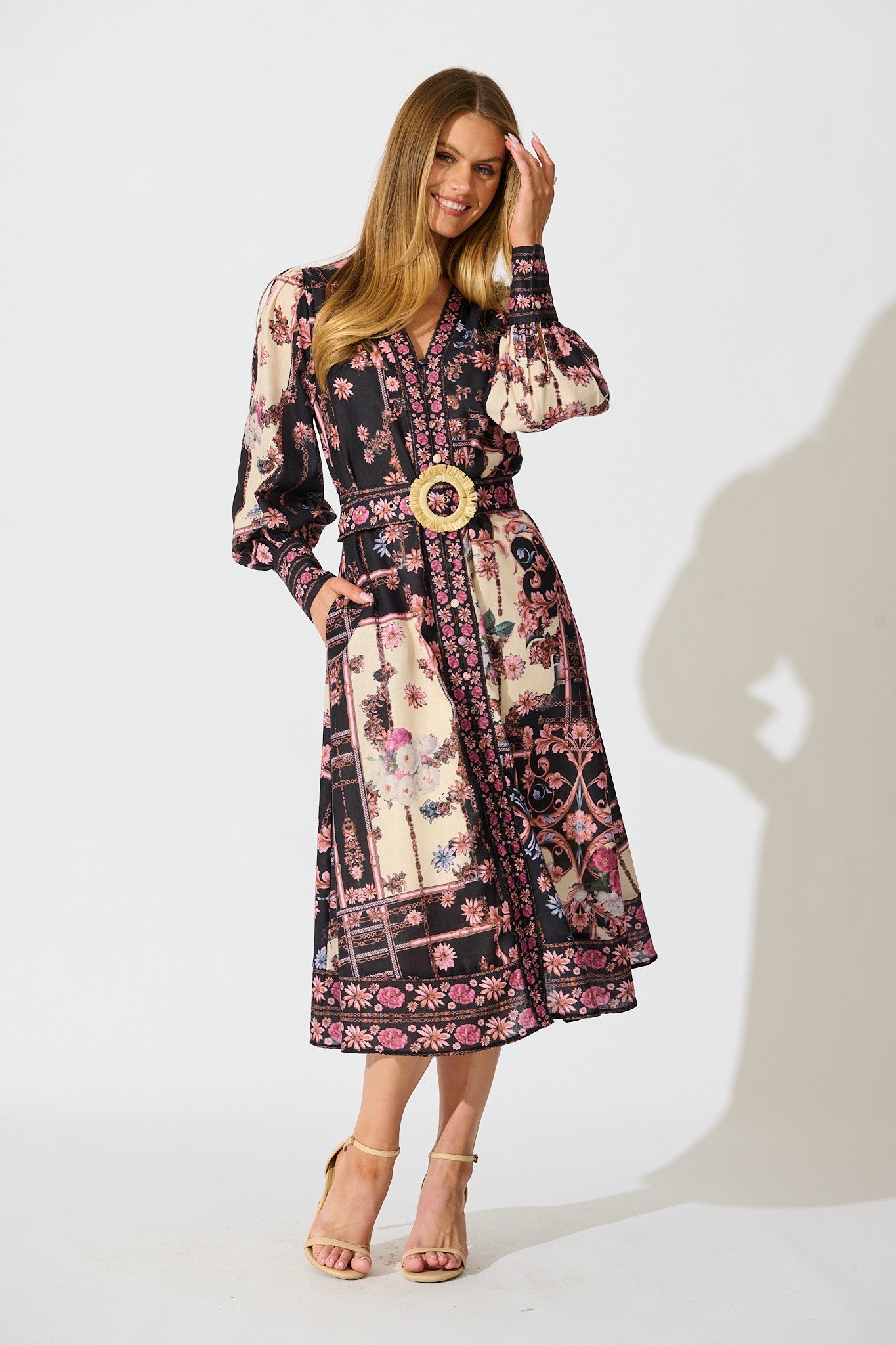 The Etched Garden Midi Dress in Black and Blush Patchwork Floral