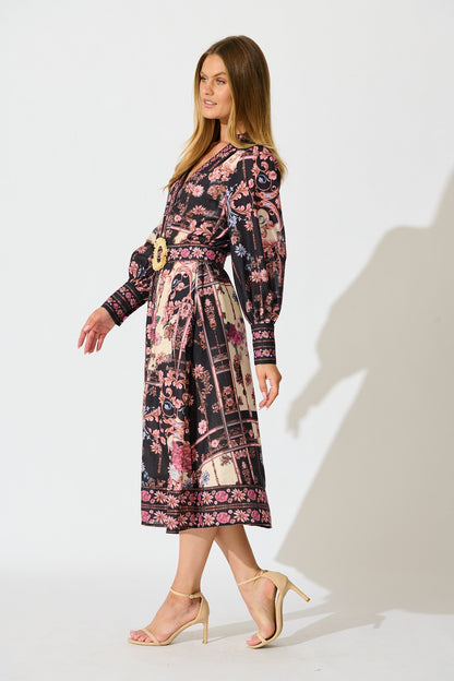 The Etched Garden Midi Dress in Black and Blush Patchwork Floral
