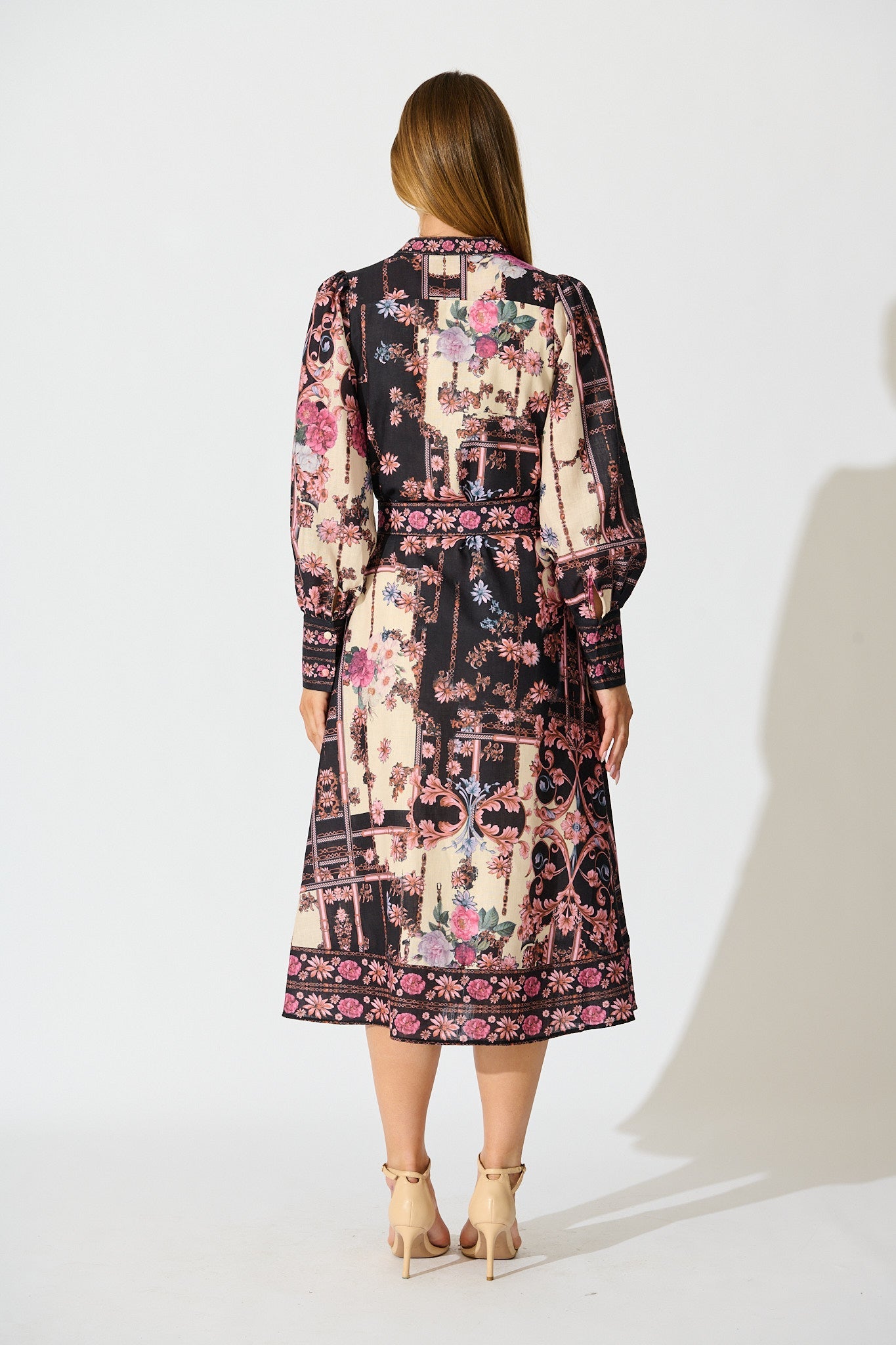 The Etched Garden Midi Dress in Black and Blush Patchwork Floral