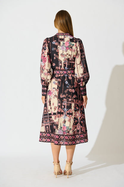 The Etched Garden Midi Dress in Black and Blush Patchwork Floral