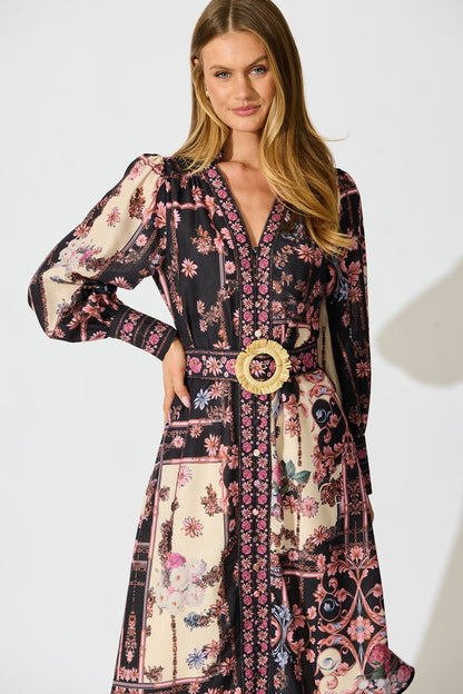 The Etched Garden Midi Dress in Black and Blush Patchwork Floral