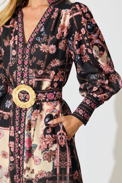 The Etched Garden Midi Dress in Black and Blush Patchwork Floral