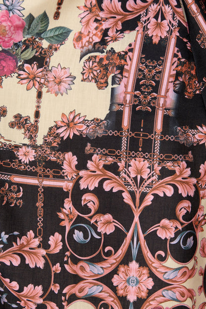 The Etched Garden Midi Dress in Black and Blush Patchwork Floral