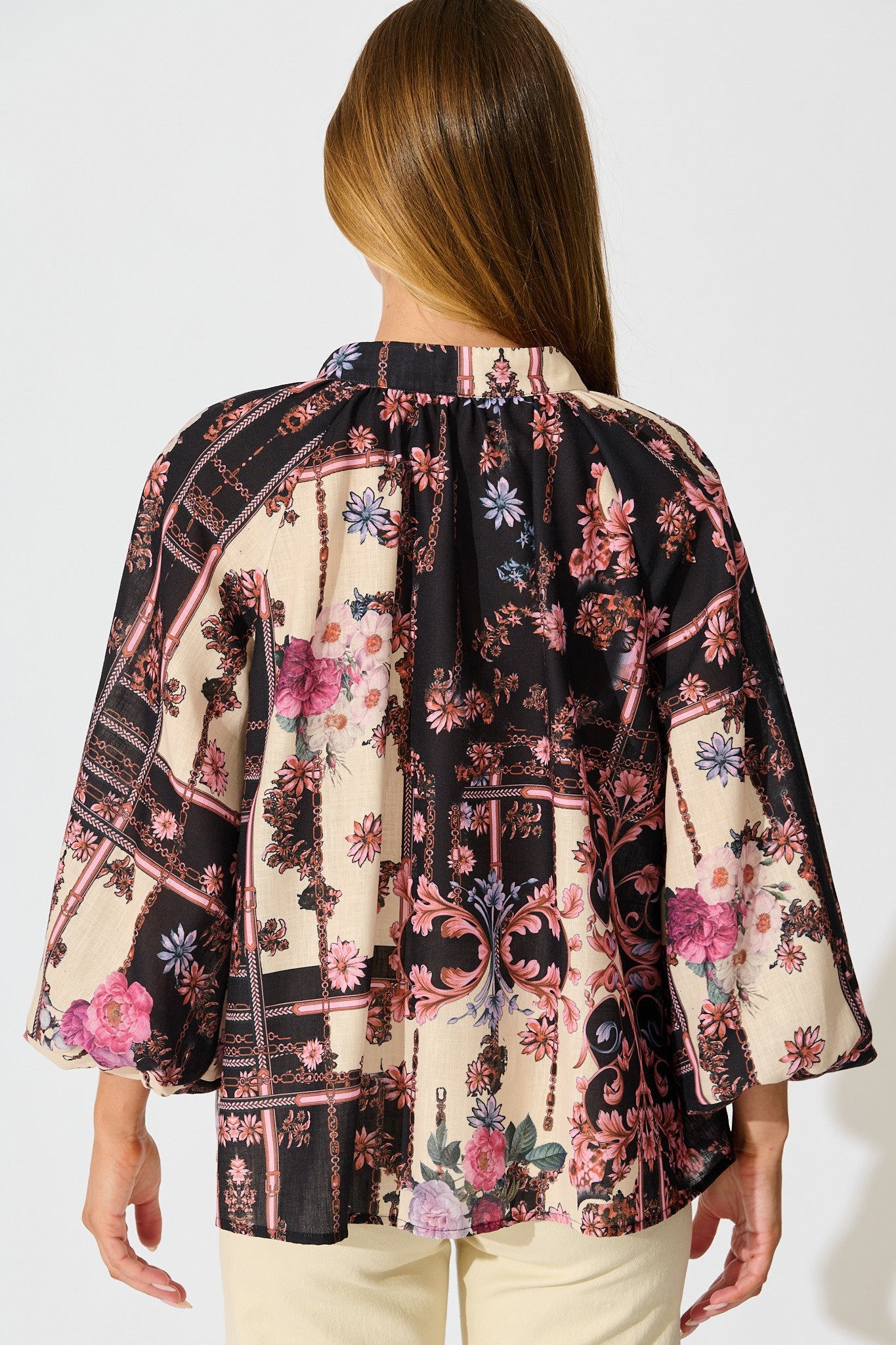 Floral Cascade Top in Black with Blush Patchwork Floral