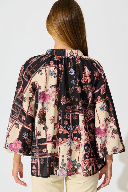 Floral Cascade Top in Black with Blush Patchwork Floral
