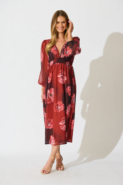 So Devine Midi Dress in Wine and Black Floral
