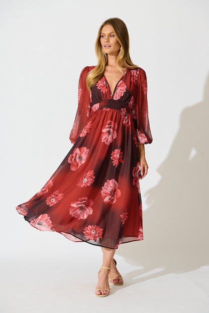 So Devine Midi Dress in Wine and Black Floral