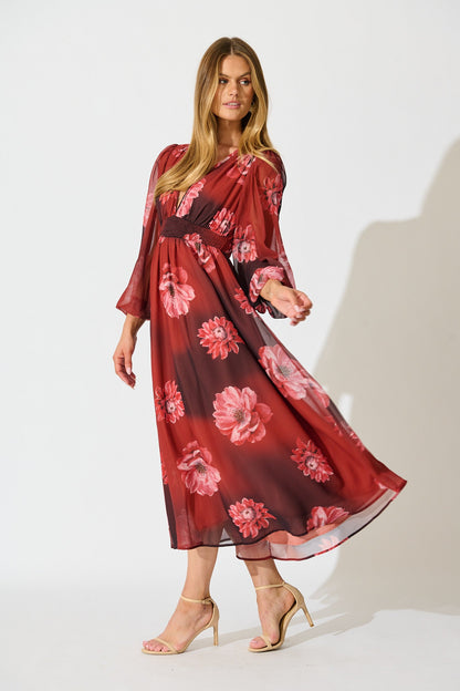 So Devine Midi Dress in Wine and Black Floral
