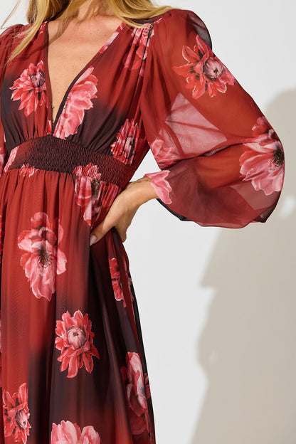 So Devine Midi Dress in Wine and Black Floral